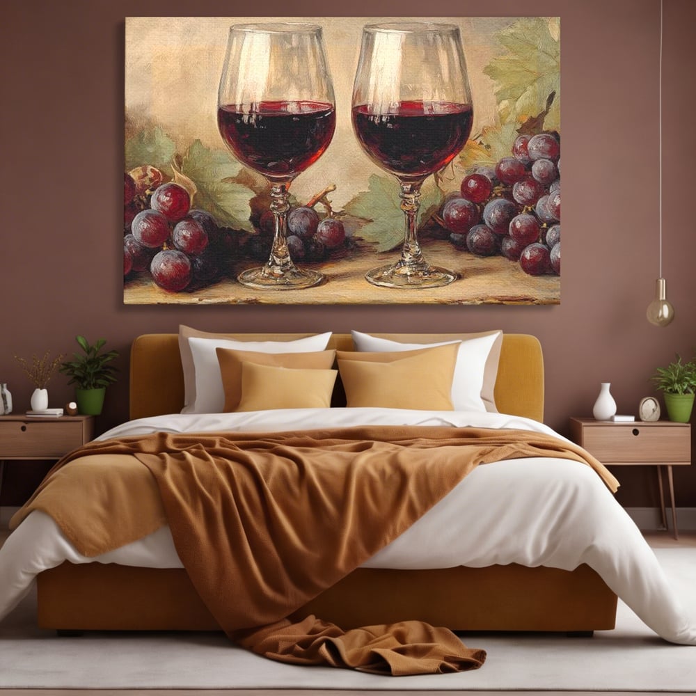 Tablou Canvas Pictura cu Doua Pahare de Vin Rosu, Rosu Grena si Bej Deschis, N1031